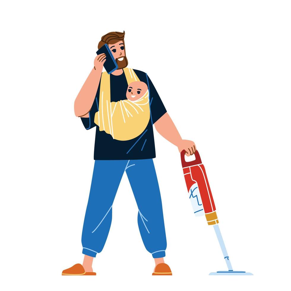 Young Busy Father Housekeeping And Working Vector