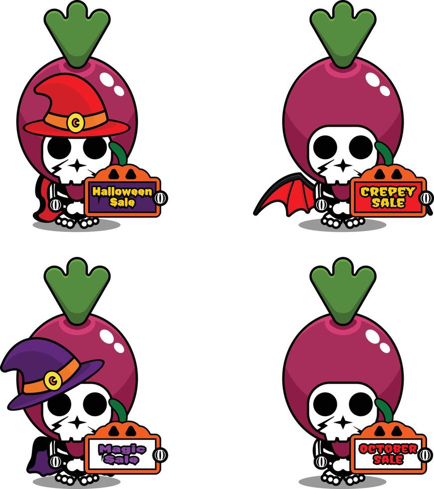 tablero de venta de diseño de fiesta de calabaza de halloween, ilustración de vector de disfraz de cráneo vegetal