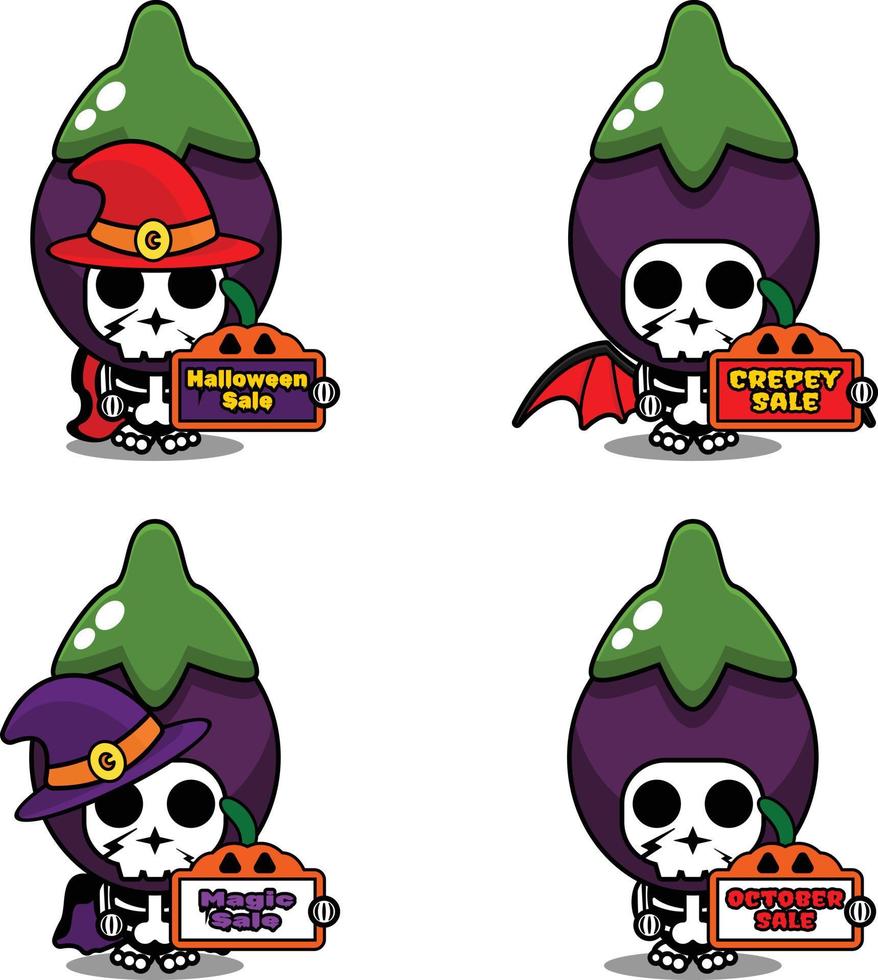 tablero de venta de diseño de fiesta de calabaza de halloween, ilustración de vector de disfraz de cráneo vegetal