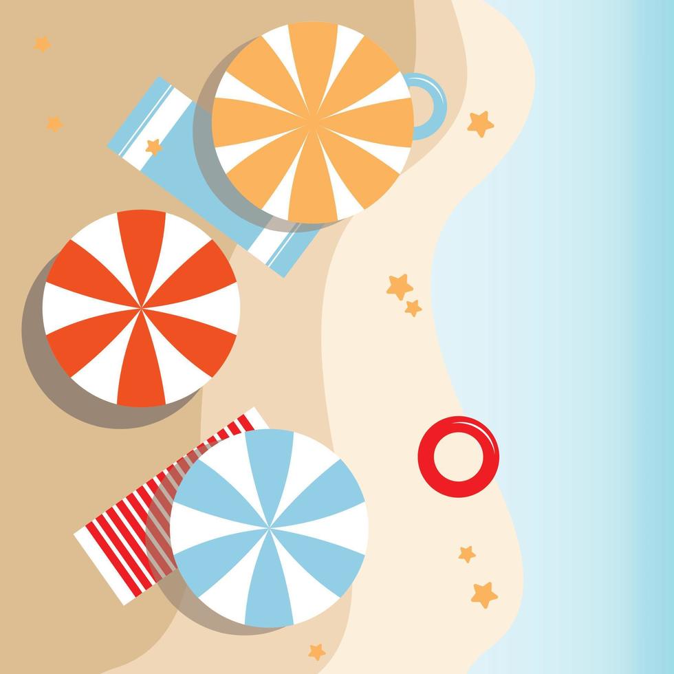 A vertical view of the seashore with golden sand and sun umbrellas spread over it in their cheerful colors. vector