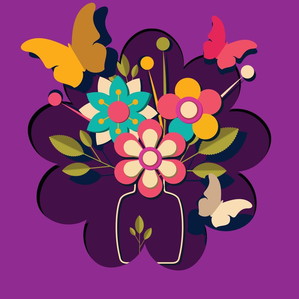 vase with colored flowers and nice butterflies A paper cut background . vector