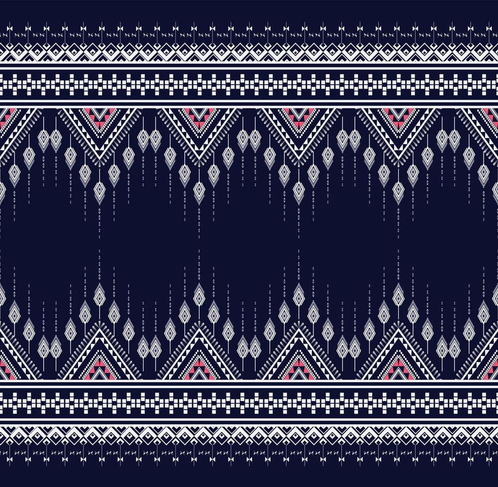 diseño de bordado de textura étnica geométrica con fondo azul oscuro o papel pintado y falda, moqueta, papel pintado, ropa, envoltura, batik, tela, vector de formas triangulares blancas, diseño de ilustración