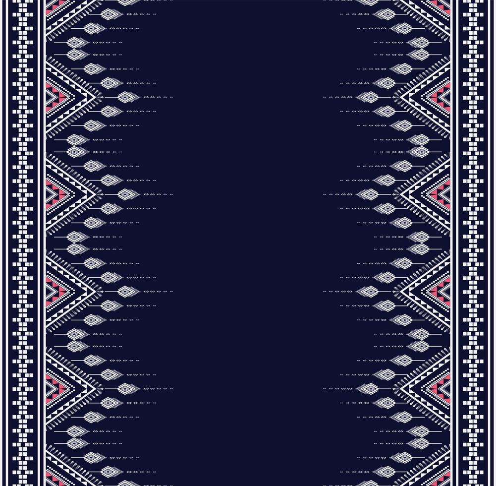 diseño de bordado de textura étnica geométrica con fondo azul oscuro o papel pintado y falda, moqueta, papel pintado, ropa, envoltura, batik, tela, vector de formas triangulares blancas, diseño de ilustración