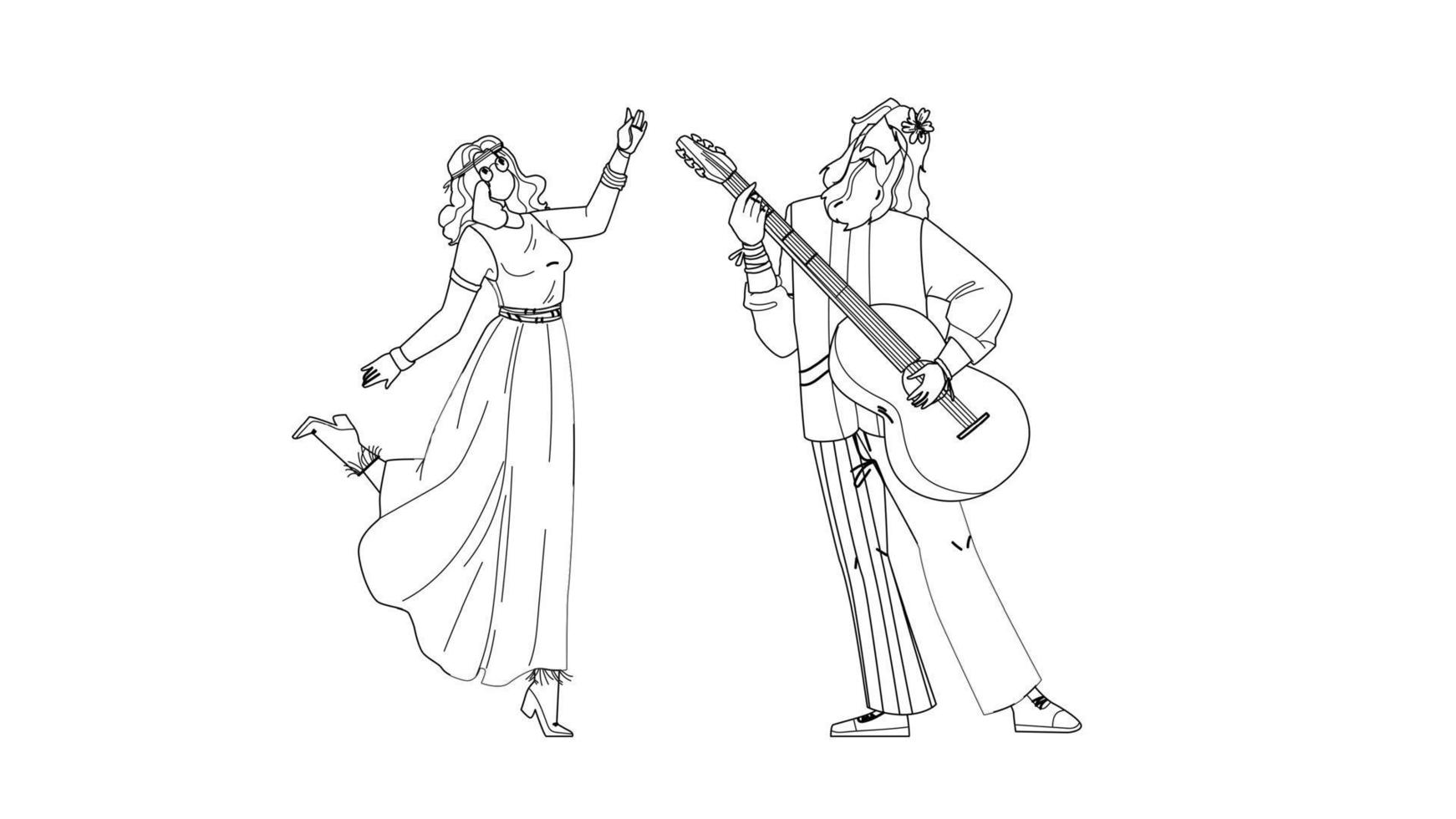 pareja hippie bailando y tocando en vector de guitarra