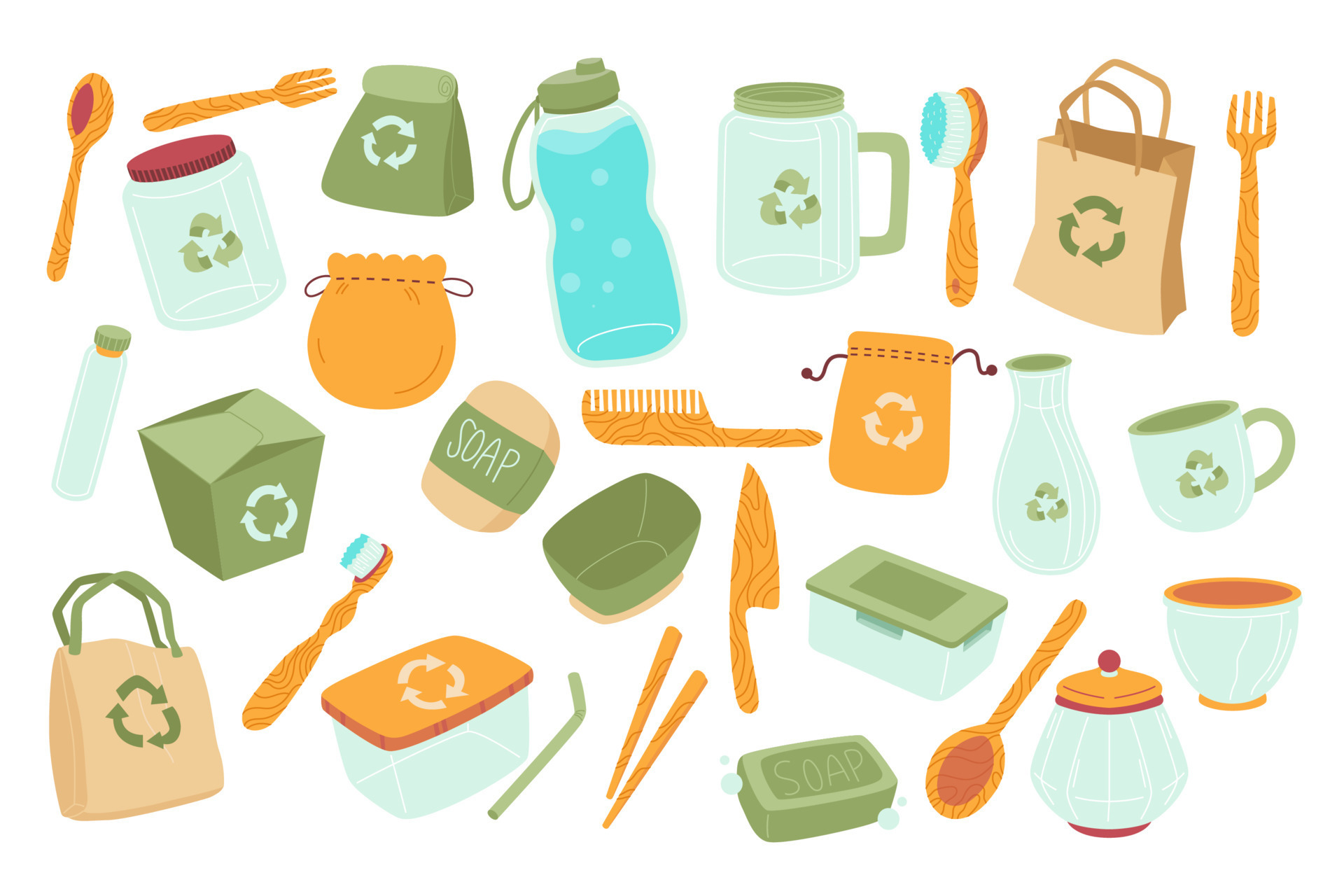 Set of Hand drawn elements of zero waste life Element Collections, Eco style. No plastic. Go green. Wooden tools. Reduce Reuse Recycle. 8097214 Vector Art at Vecteezy Set of Hand drawn elements of zero waste life Element Collections, Eco style. No plastic. Go green. Wooden tools. Reduce Reuse Recycle. 8097214 Vector Art at Vecteezy