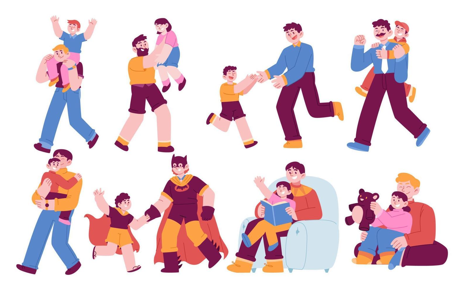 Set of Various poses Father and Son set collections, daughter playing doll, reading book, carrying kid, celebrate fathers day. vector