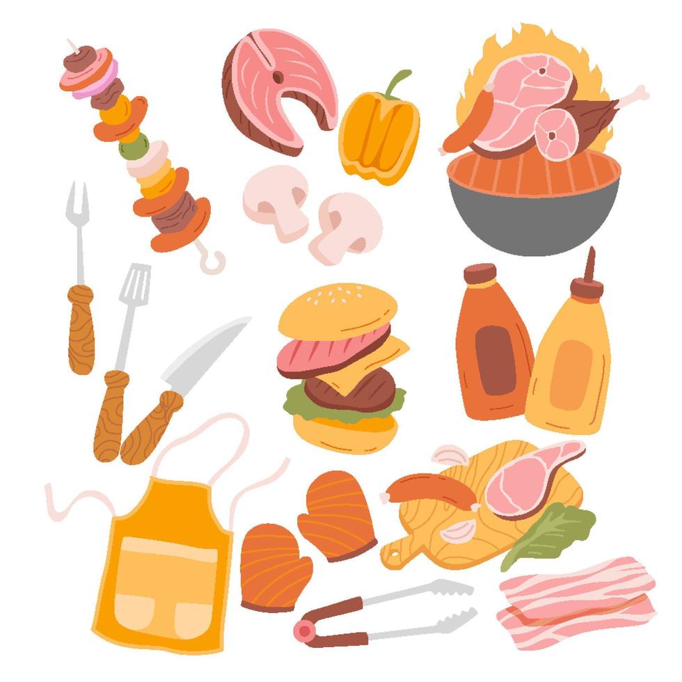 elementos de barbacoa establecen ilustración plana vectorial. colección de equipos de barbacoa para cocinar barbacoa - parrilla, brocheta, salchichas, pescado, condimentos, pollo y carne aislados en blanco vector