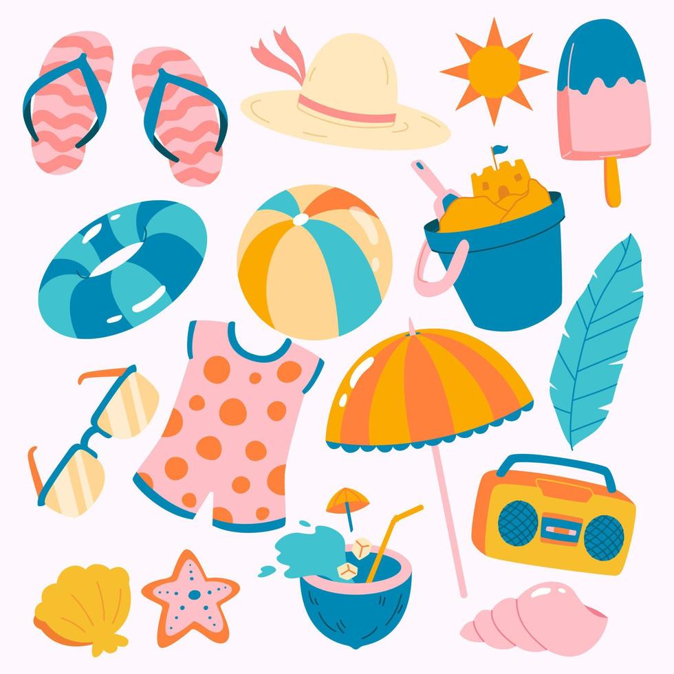 Vintage Set of cute summer icons element collections, food, drinks, palm leaves, fruits and flamingo. Bright summertime poster. Collection of scrapbooking elements for beach party. vector