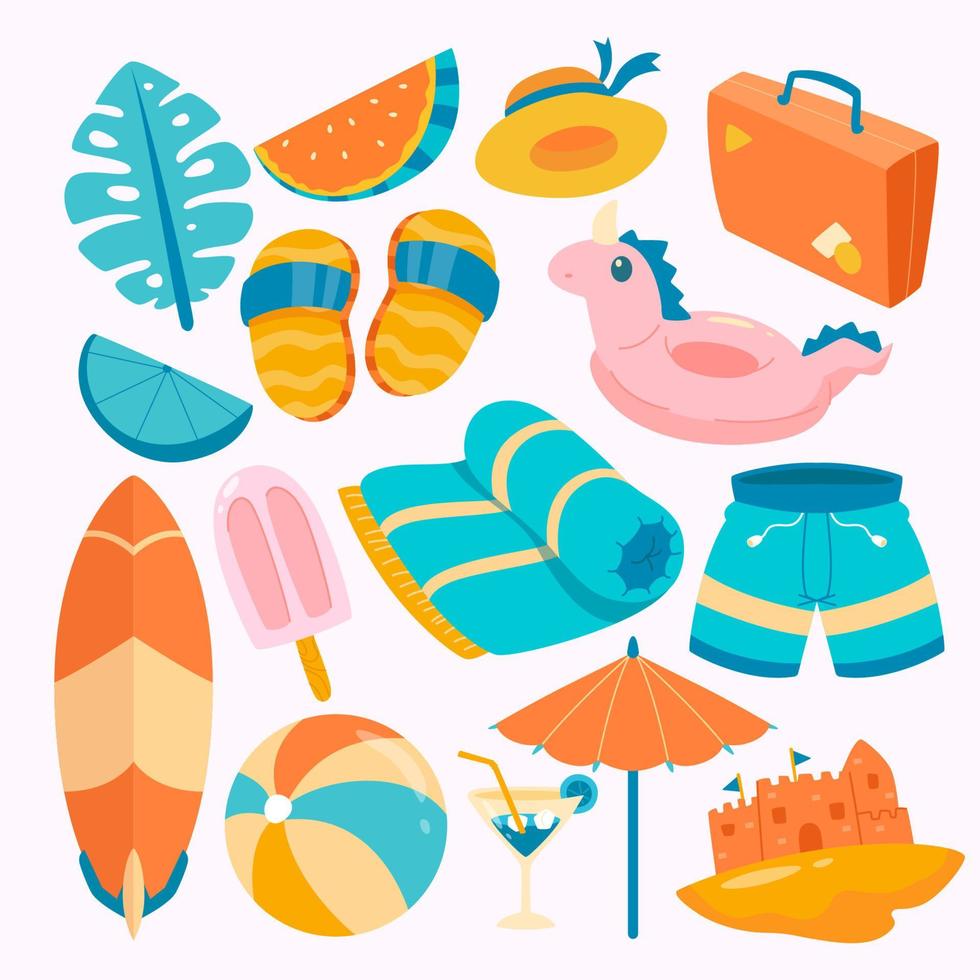 Vintage Set of cute summer icons element collections, food, drinks, palm leaves, fruits and flamingo. Bright summertime poster. Collection of scrapbooking elements for beach party. vector