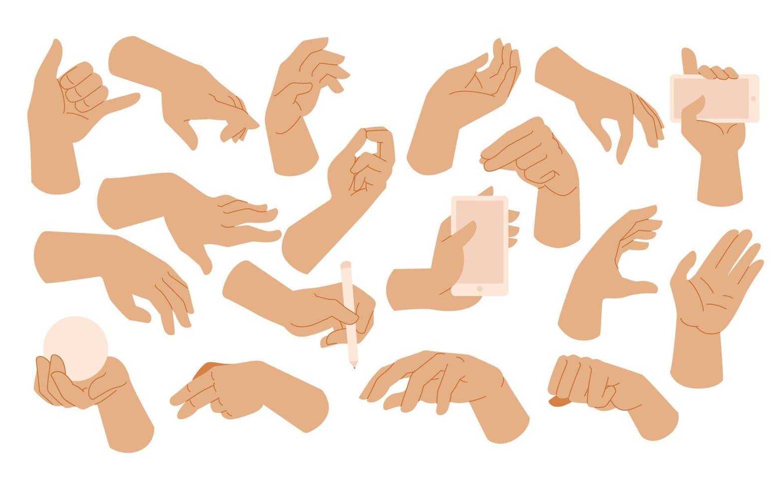 Left Hands poses Gesture. holding and pointing gestures, fingers crossed, fist, peace and thumb up. Cartoon human palms and wrist vector set. Communication or talking for messengers. Lefthanders Day