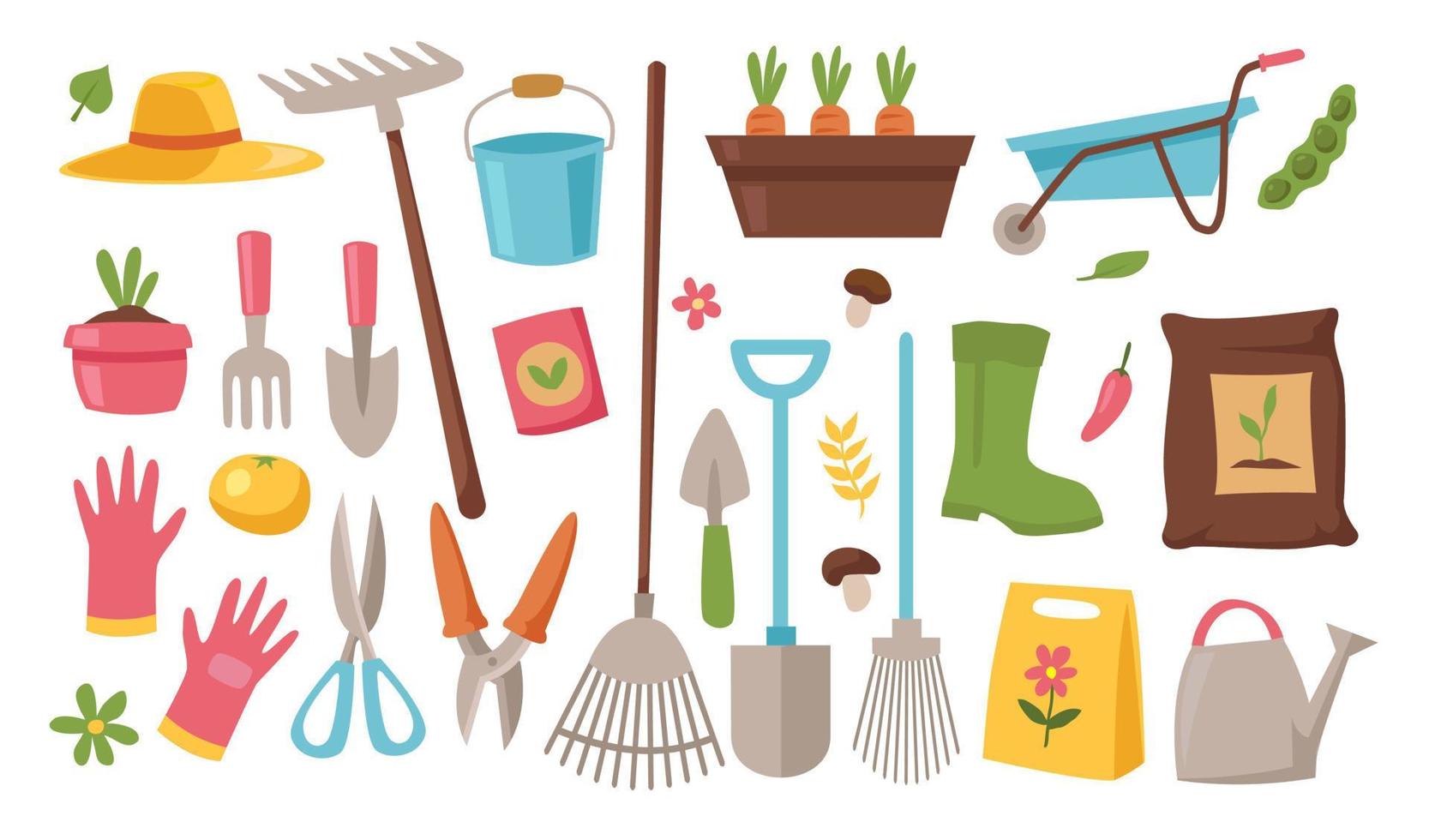 Hand drawn doodle set of Gardening icons Elements Tools or Equipments, Vector illustration set. scissors, boots, hedge, shears, hedge shears, fork, rake, grass, watering can, wheelbarrow.