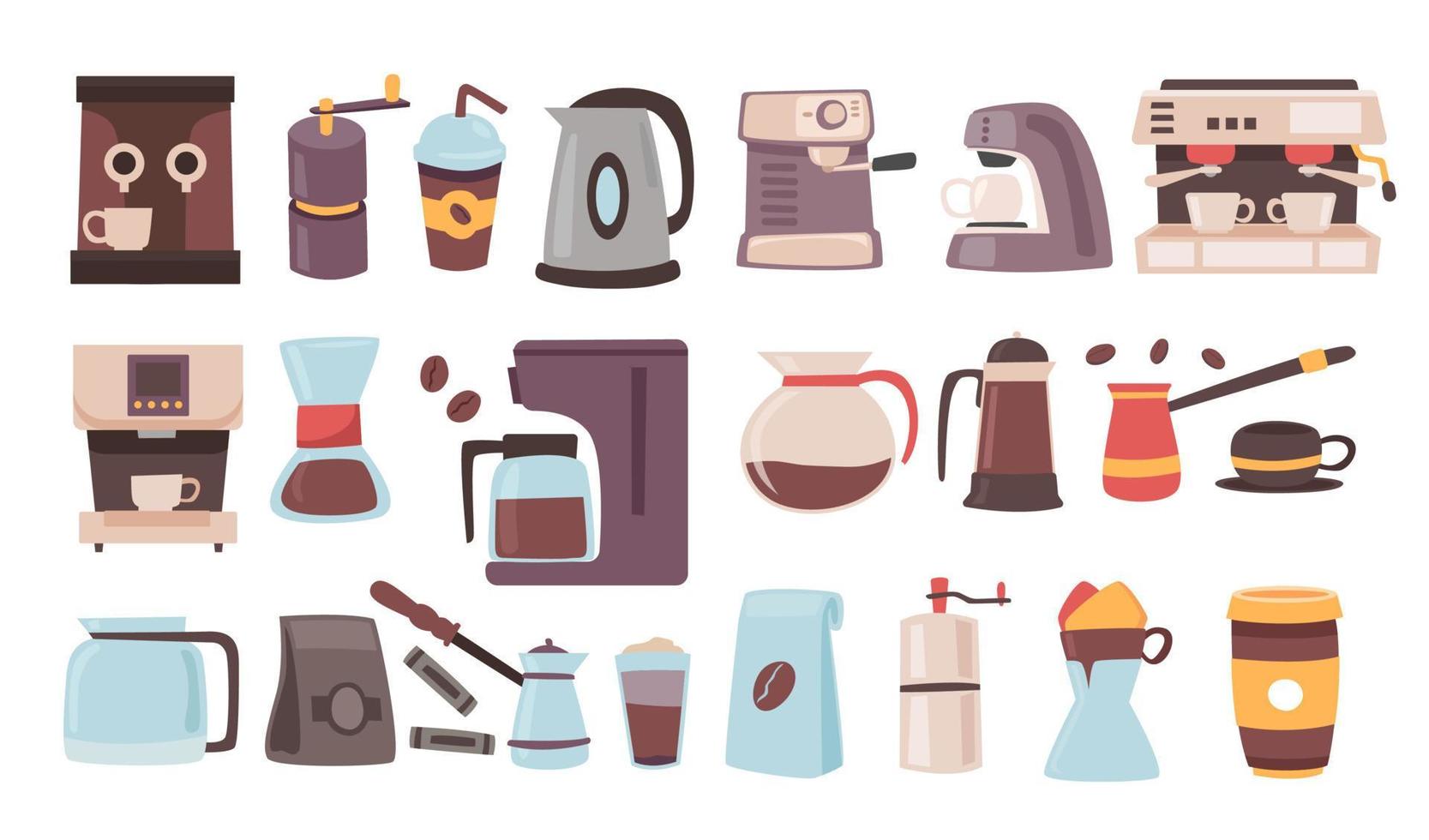 conjunto de colecciones de elementos de métodos de preparación de café, colección de herramientas y utensilios de café para preparar y servir, cliparts vectoriales aislados. ilustraciones de garabatos dibujadas a mano. cafetera, turco. vector