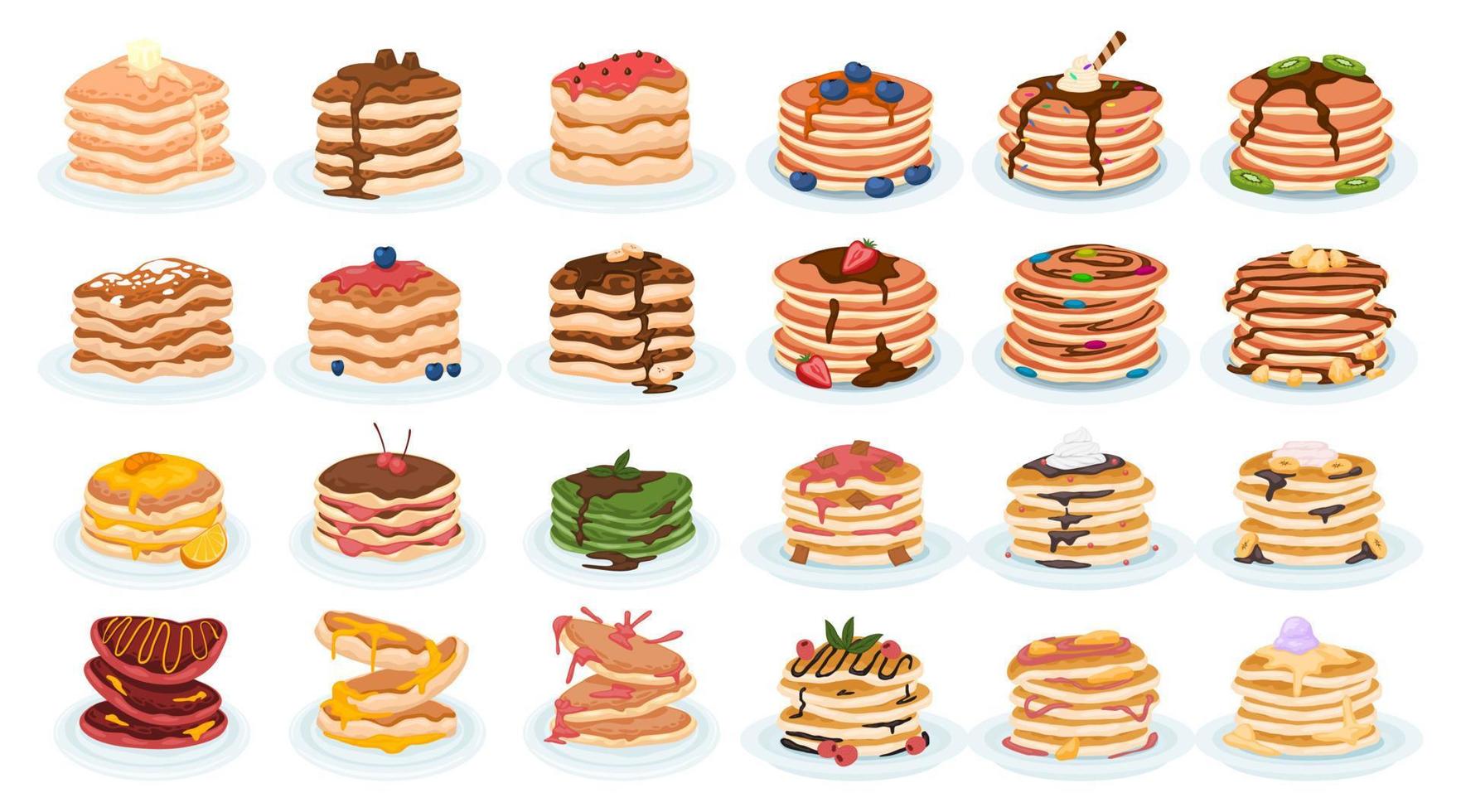 Cartoon pancakes. Stacks of tasty pancakes with, cherry, blueberry, strawberry, butter, chocolate, fruits  Delicious breakfast food vector illustrations. American brunch with berries and nuts