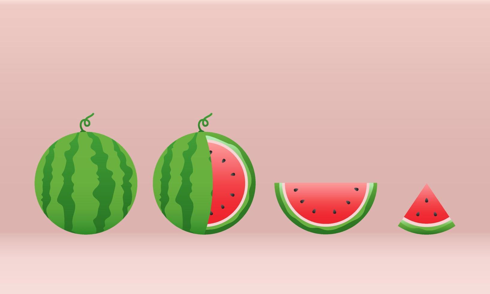 Watermelon and juicy slices vector set, flat design of green leaves and watermelon flower illustration, Fresh and juicy fruit concept of summer food.