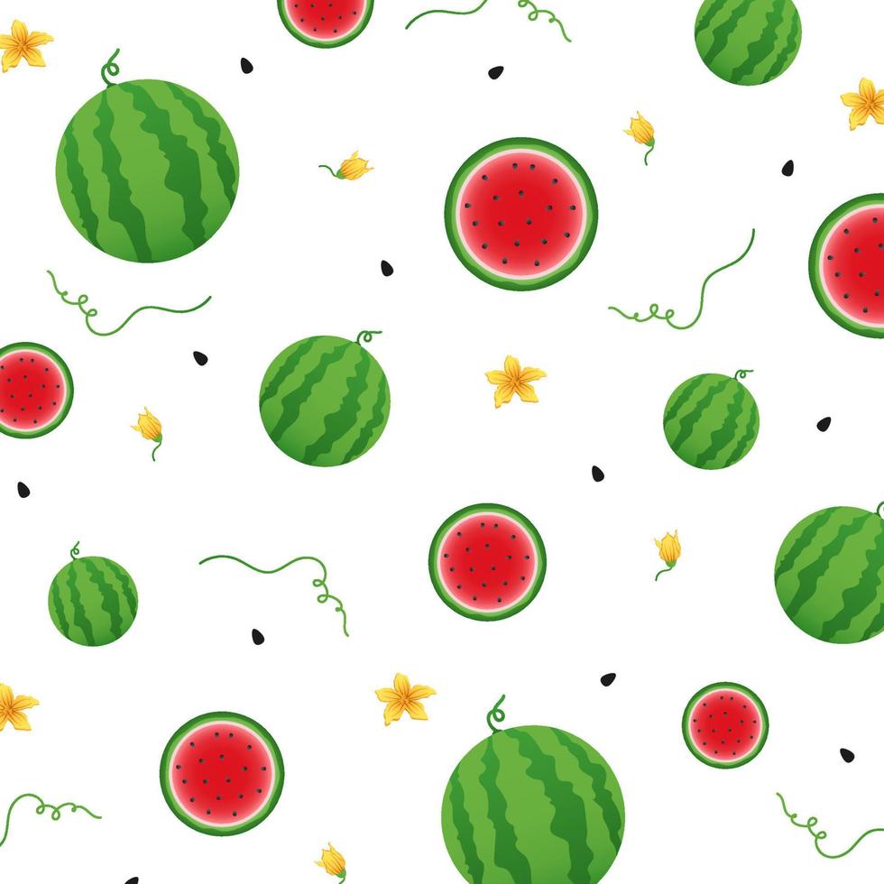 fondo de sandía y patrón sin costuras, diseño plano de hojas verdes e ilustración de jugo de flor y sandía, concepto de fruta fresca y jugosa de comida de verano. vector