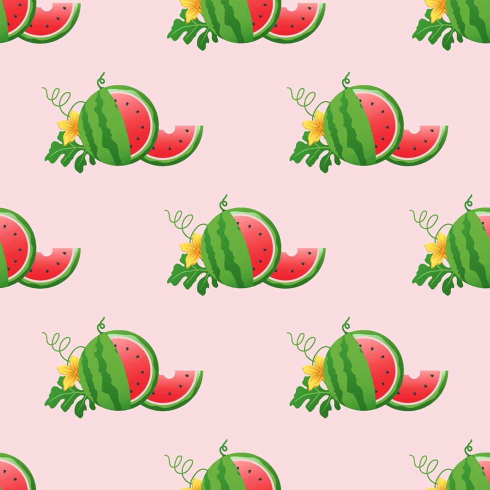 fondo de sandía y patrón sin costuras, diseño plano de hojas verdes e ilustración de jugo de flor y sandía, concepto de fruta fresca y jugosa de comida de verano. vector