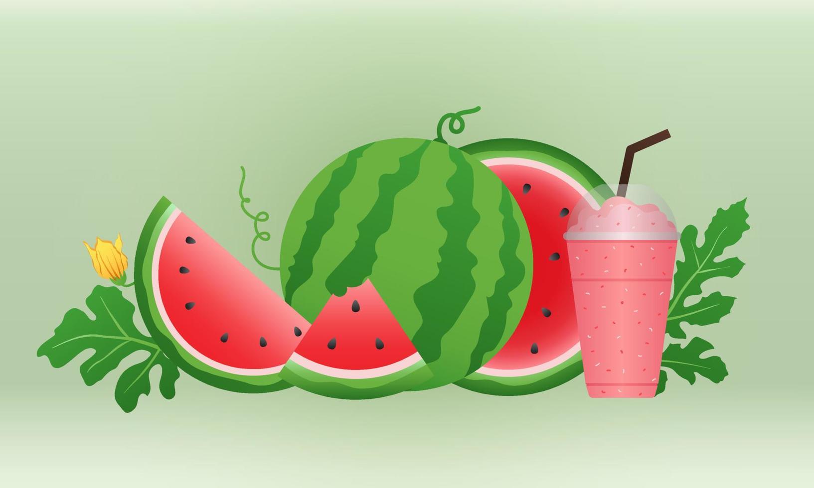 Watermelon and juicy slices vector, flat design of green leaves and flower and watermelon juice illustration, Fresh and juicy fruit concept of summer food. vector
