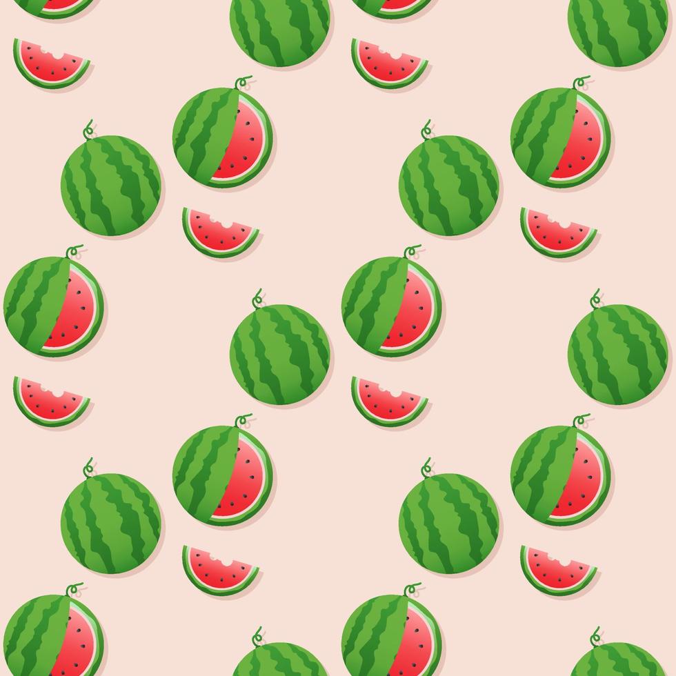 fondo de sandía y patrón sin costuras, diseño plano de hojas verdes e ilustración de jugo de flor y sandía, concepto de fruta fresca y jugosa de comida de verano. vector