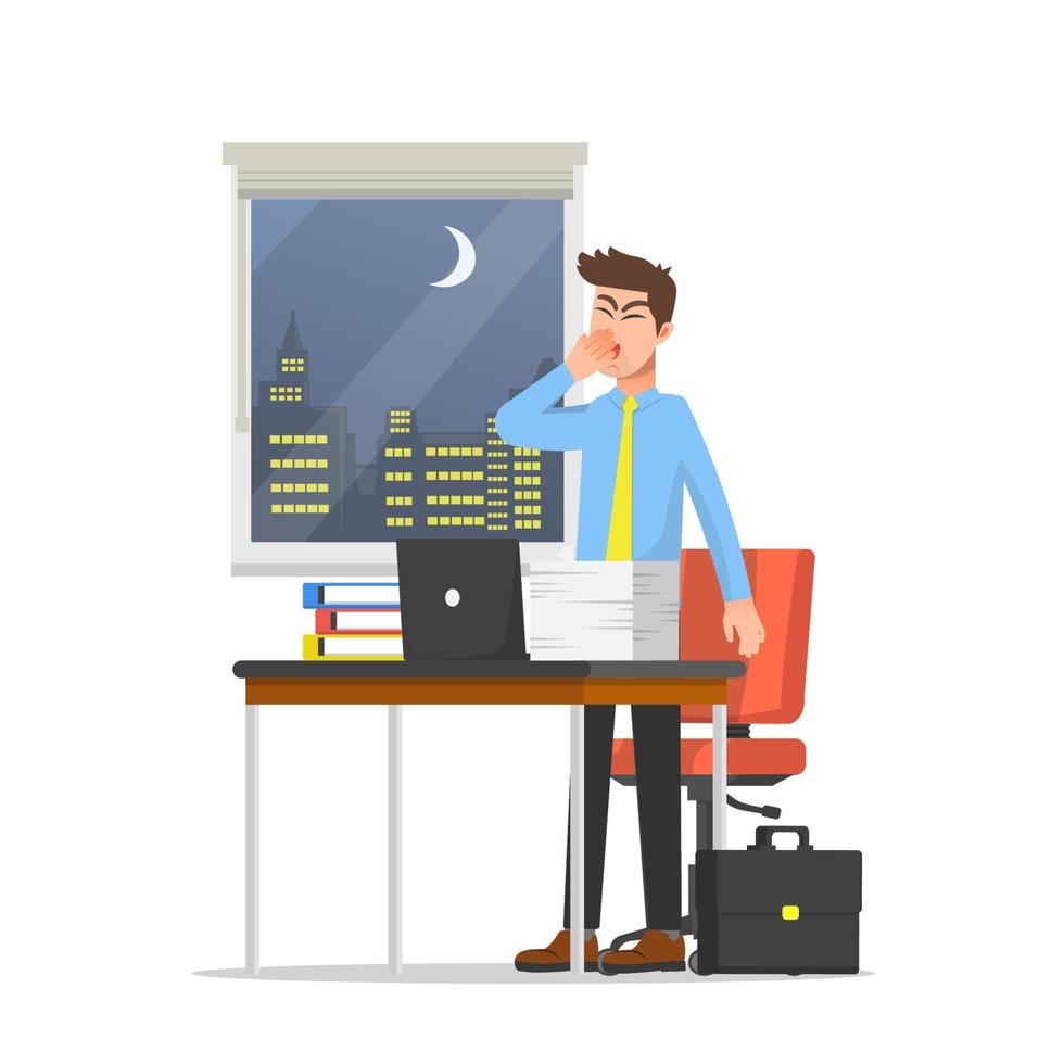 An employee working overtime at the office vector