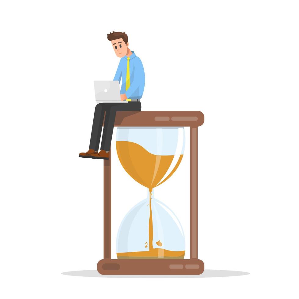 An employee or businessman sits on a large hourglass vector