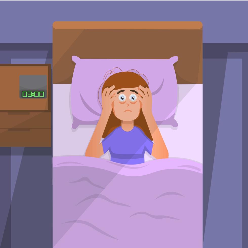 A woman experiences insomnia and cannot sleep until dawn vector