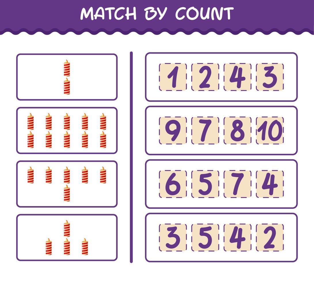 Match by count of cartoon christmas candle. Match and count game. Educational game for pre shool years kids and toddlers vector