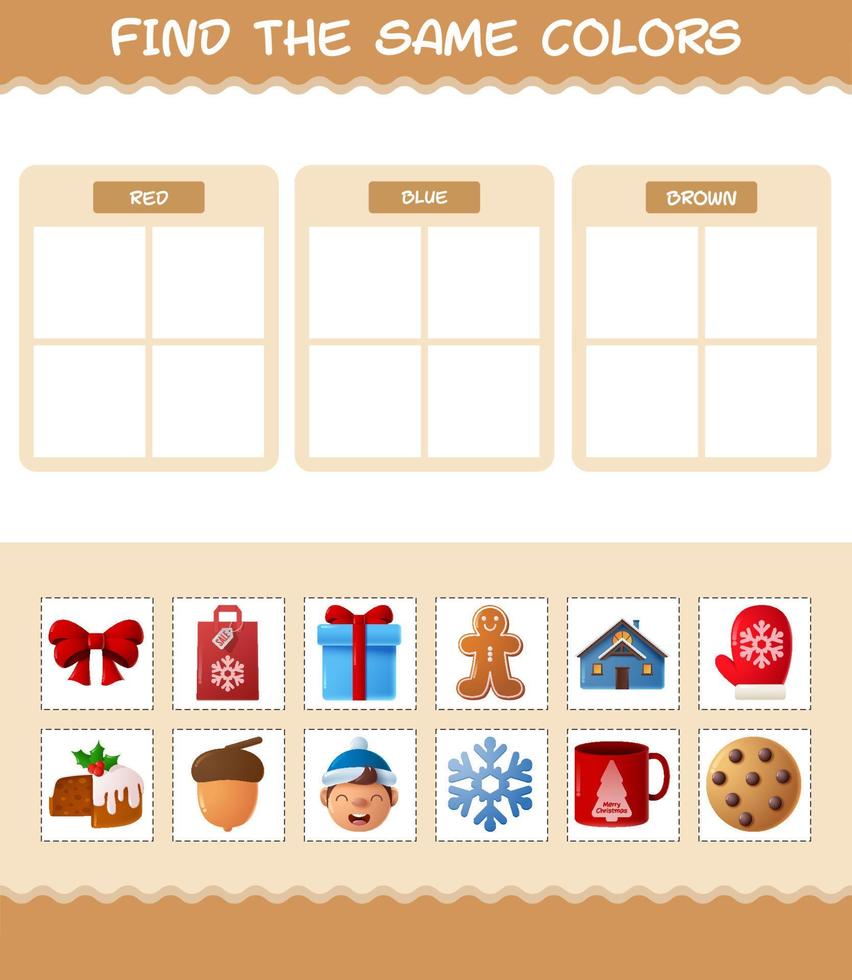 encontrar los mismos colores de navidad. juego de búsqueda y combinación. juego educativo para niños y niños pequeños en edad preescolar vector