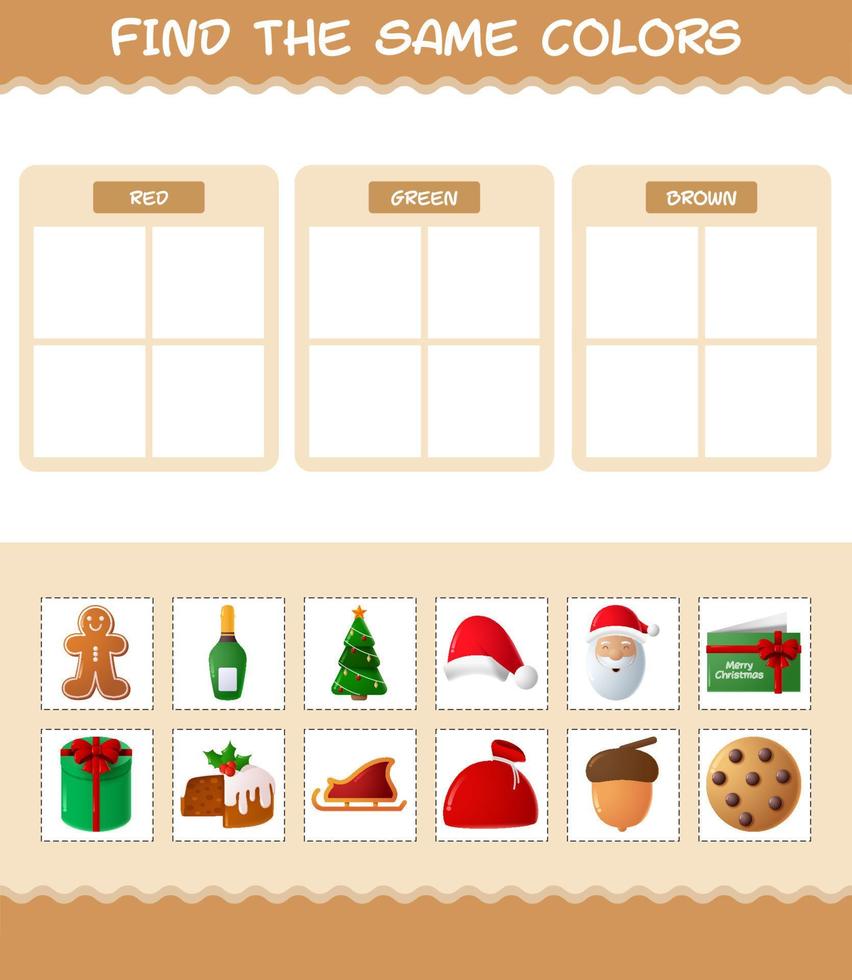 encontrar los mismos colores de navidad. juego de búsqueda y emparejamiento. juego educativo para niños y niños pequeños en edad preescolar vector