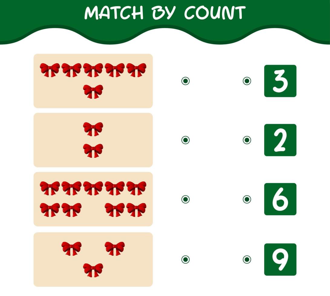 Match by count of cartoon ribbon. Match and count game. Educational game for pre shool years kids and toddlers vector