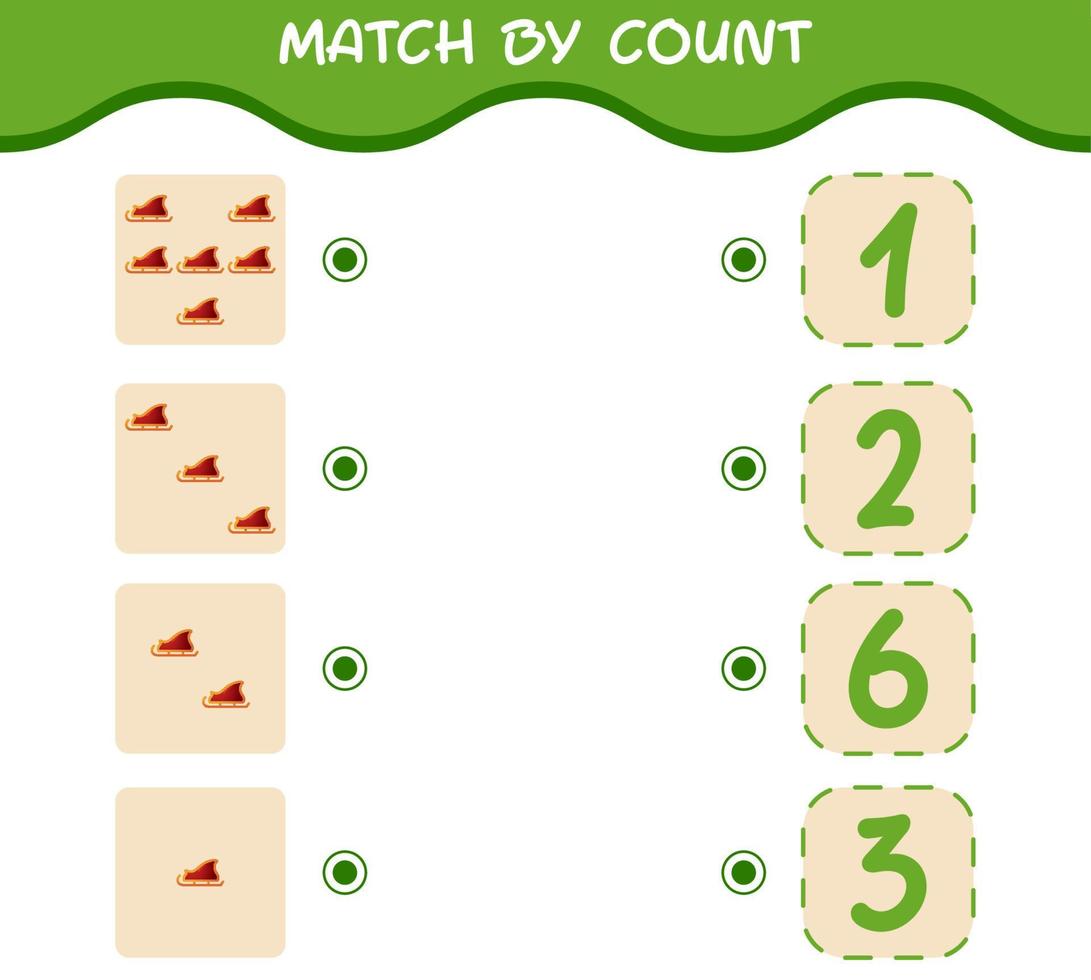 Match by count of cartoon santa sleigh. Match and count game. Educational game for pre shool years kids and toddlers vector