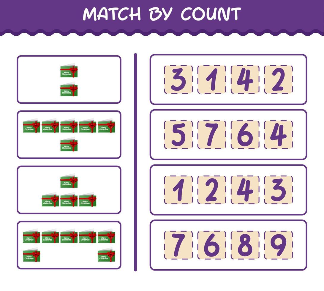 Match by count of cartoon christmas card. Match and count game. Educational game for pre shool years kids and toddlers vector