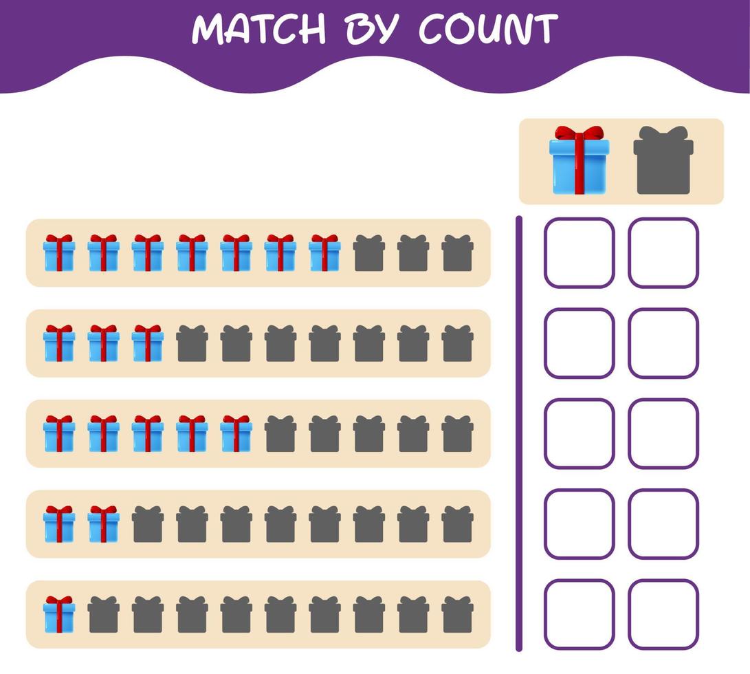 Match by count of cartoon gift box. Match and count game. Educational game for pre shool years kids and toddlers vector