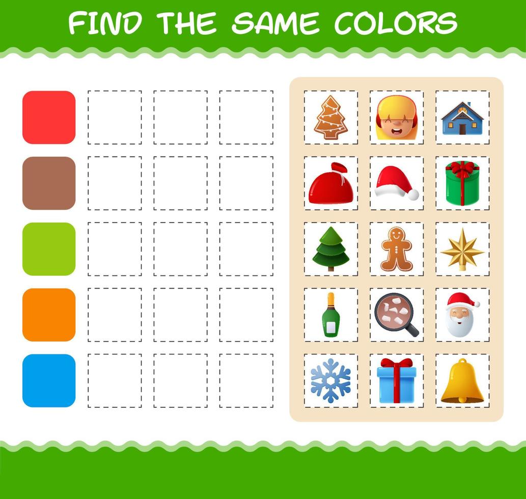 encontrar los mismos colores de navidad. juego de búsqueda y combinación. juego educativo para niños de edad preescolar y niños pequeños vector