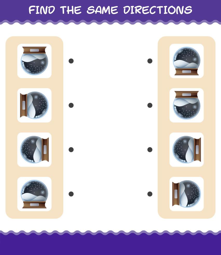 Match the same directions of glass snow ball. Matching game. Educational game for pre shool years kids and toddlers vector