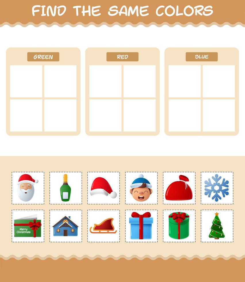 Find the same colors of christmas. Searching and Matching game. Educational game for pre shool years kids and toddlers vector