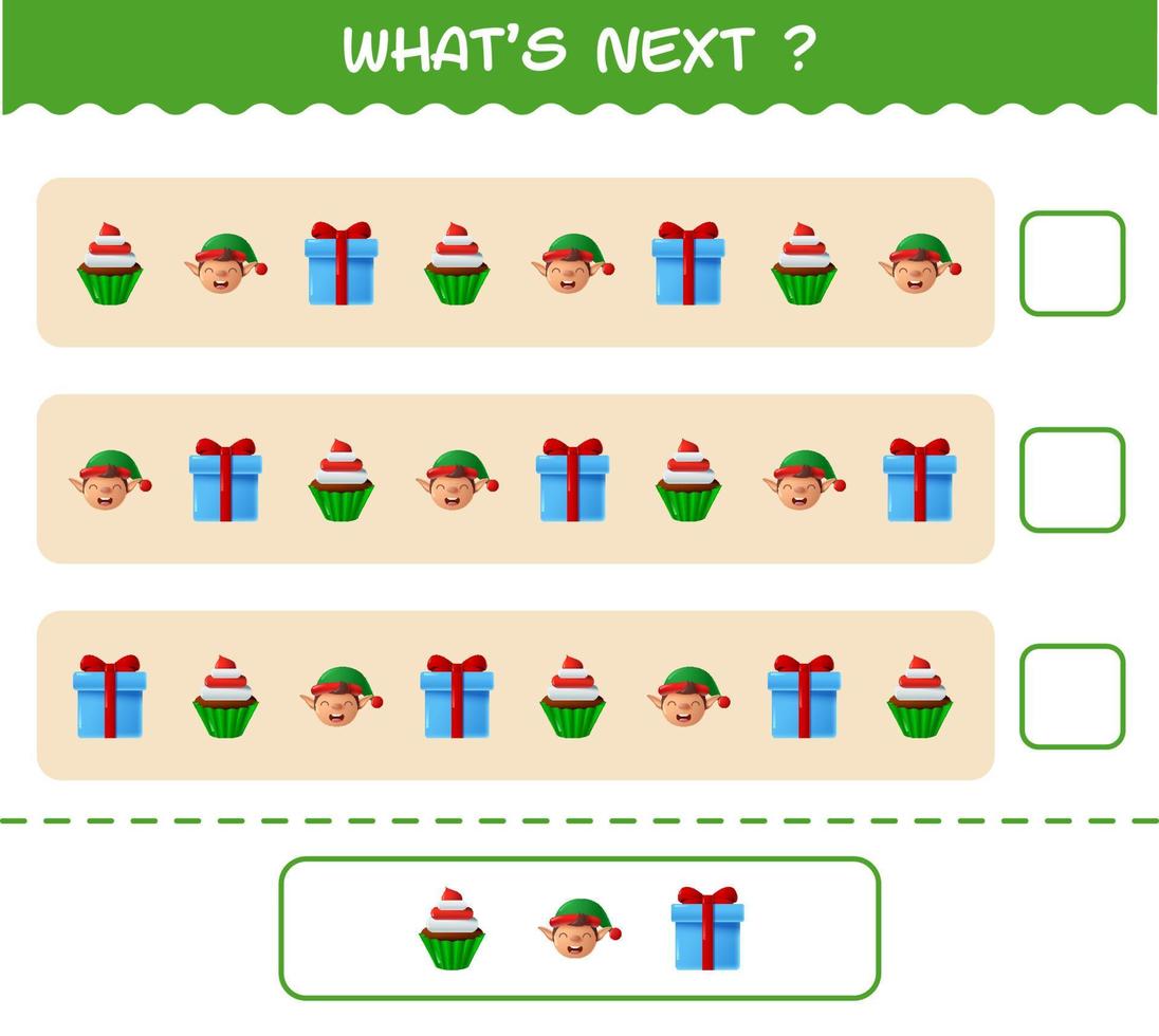 What's comes next educational game of cartoon christmas. Find the regularity and continue the row task. Educational game for pre shool years kids and toddlers vector