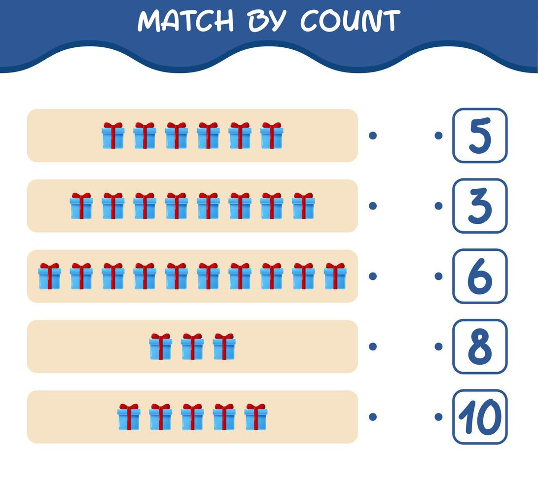 Match by count of cartoon gift box. Match and count game. Educational game for pre shool years kids and toddlers vector