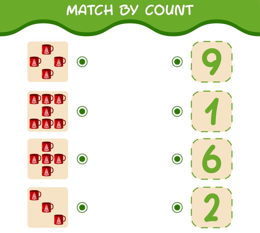 Match by count of cartoon mug. Match and count game. Educational game for pre shool years kids and toddlers vector