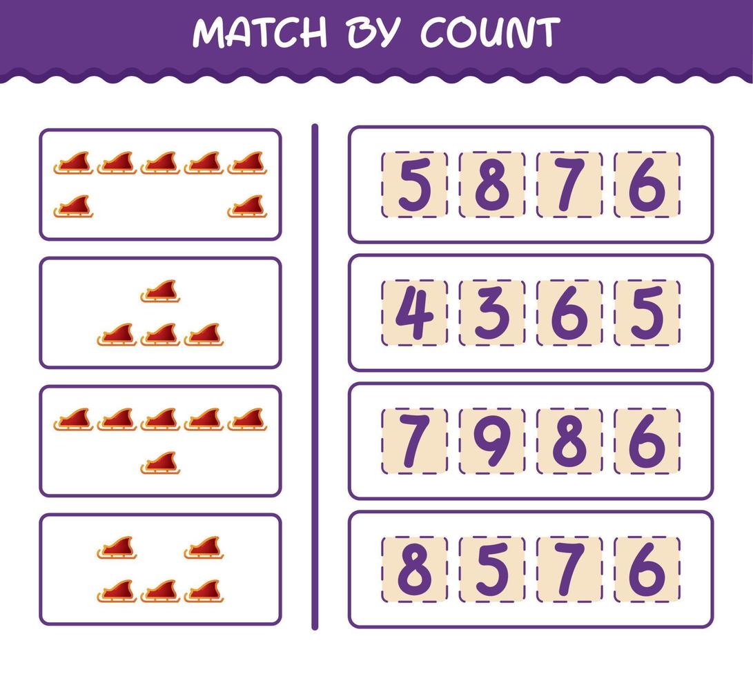 Match by count of cartoon santa sleigh. Match and count game. Educational game for pre shool years kids and toddlers vector