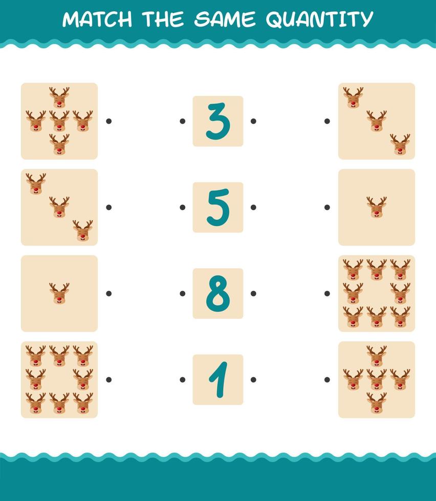 Match the same quantity of reindeer. Counting game. Educational game for pre shool years kids and toddlers vector