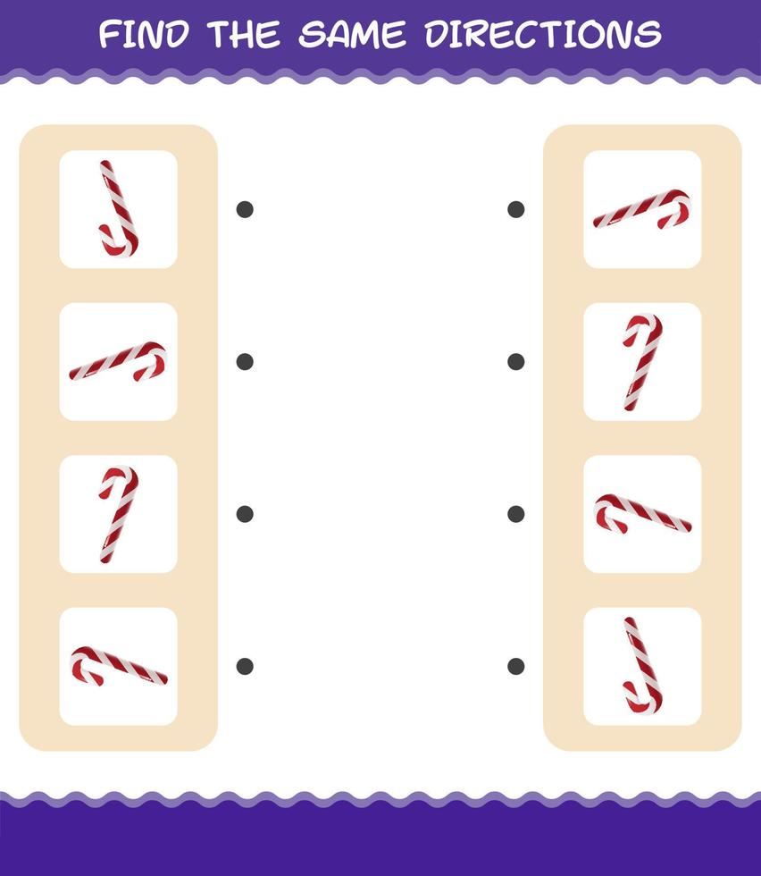 Match the same directions of candy cane. Matching game. Educational game for pre shool years kids and toddlers vector