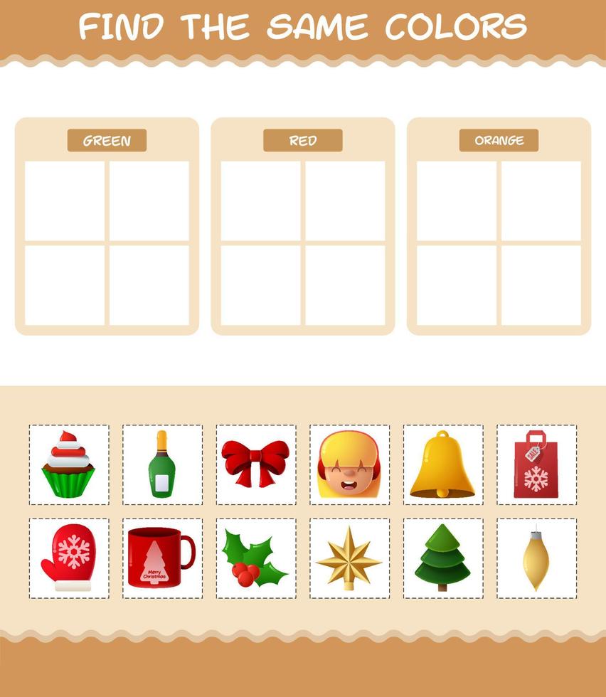 Find the same colors of christmas. Searching and Matching game. Educational game for pre shool years kids and toddlers vector