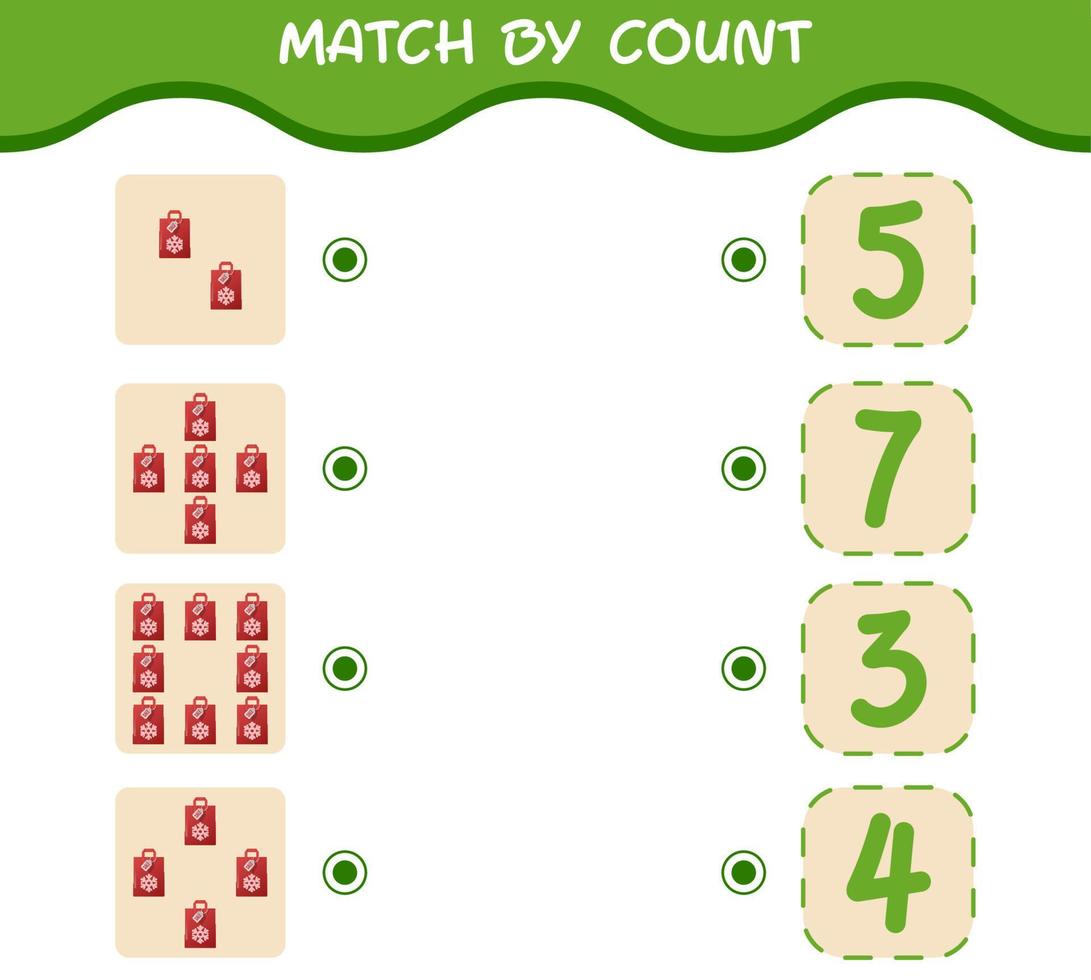 Match by count of cartoon paperbag. Match and count game. Educational game for pre shool years kids and toddlers vector