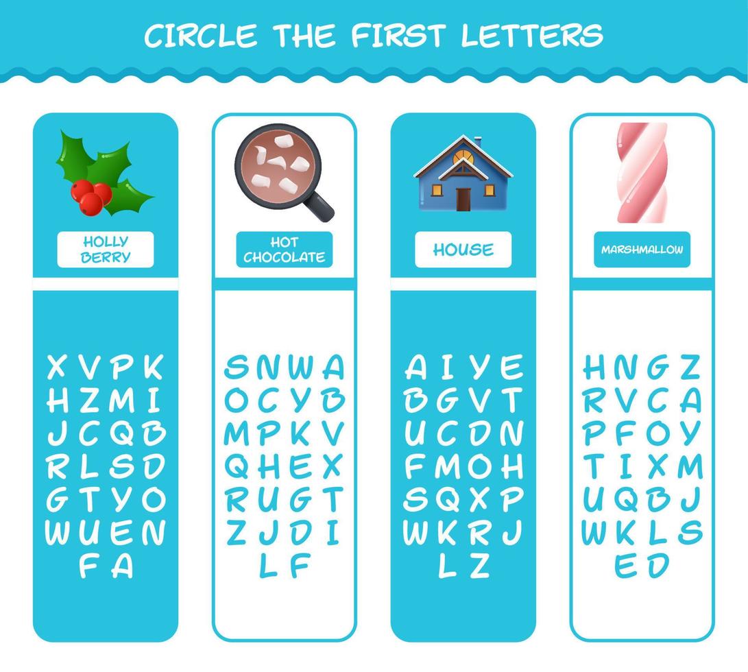 Circle the first letters of cartoon christmas. Matching game. Educational game for pre shool years kids and toddlers vector