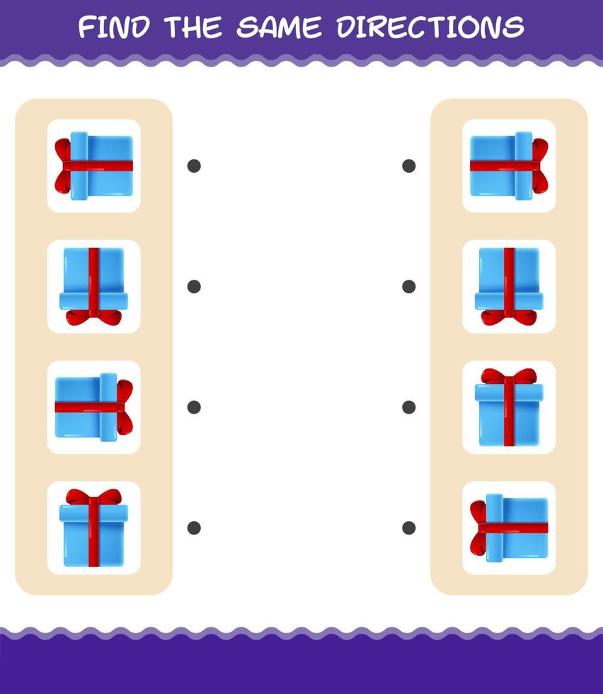 Match the same directions of gift box. Matching game. Educational game for pre shool years kids and toddlers vector
