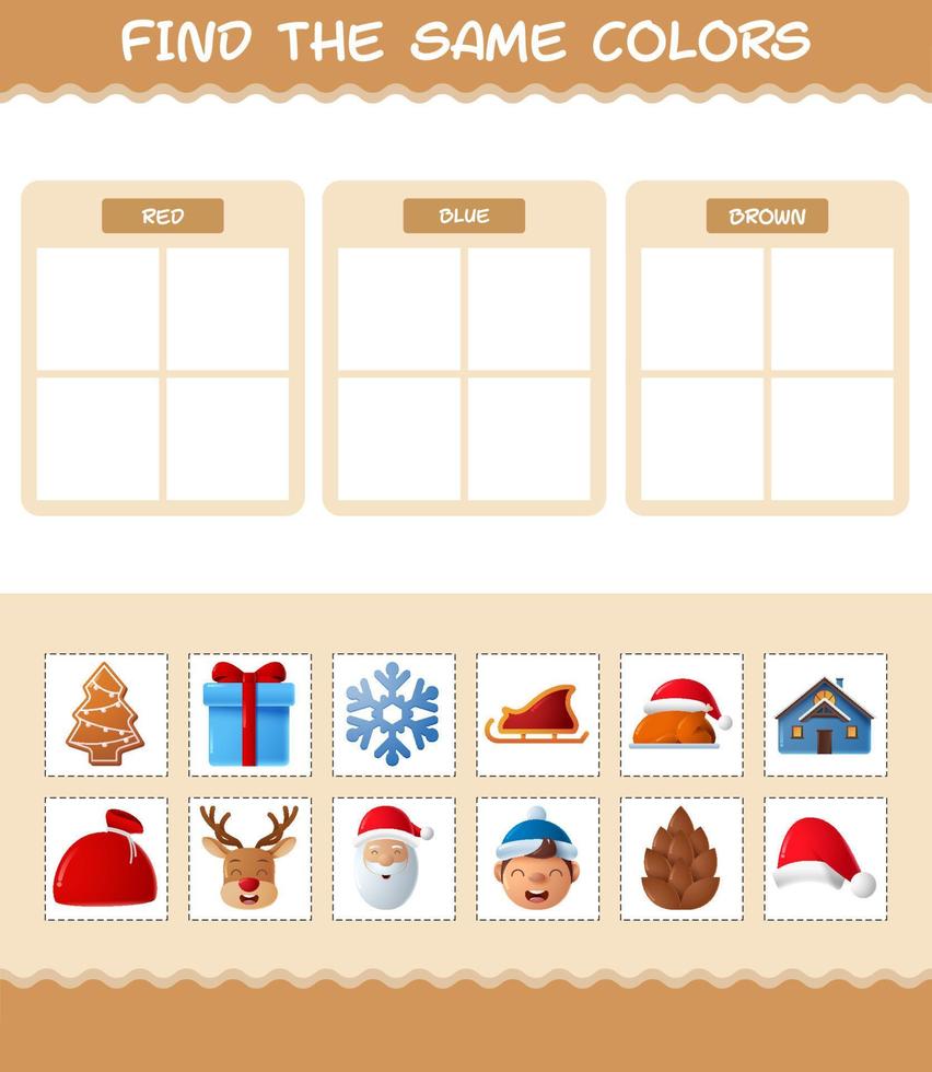 encontrar los mismos colores de navidad. juego de búsqueda y combinación. juego educativo para niños de edad preescolar y niños pequeños vector