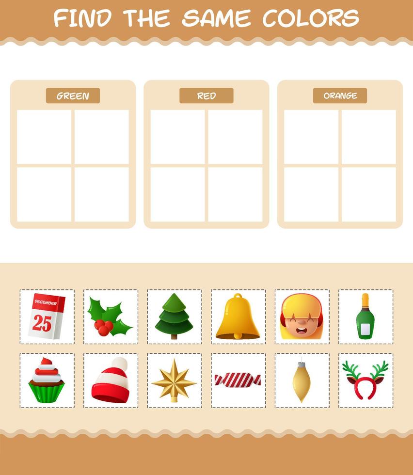 Find the same colors of christmas. Searching and Matching game. Educational game for pre shool years kids and toddlers vector