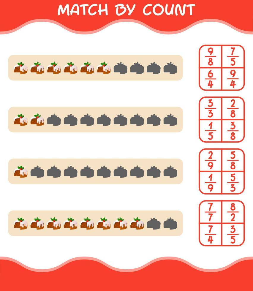 Match by count of cartoon christmas cake. Match and count game. Educational game for pre shool years kids and toddlers vector