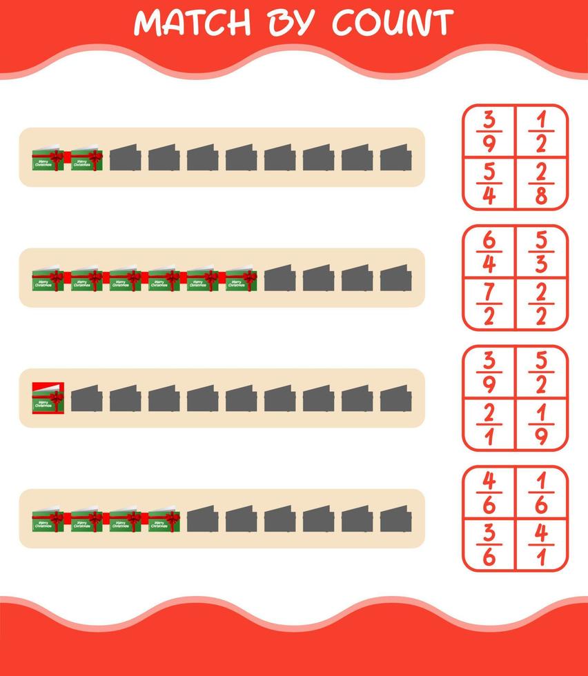 Match by count of cartoon christmas card. Match and count game. Educational game for pre shool years kids and toddlers vector