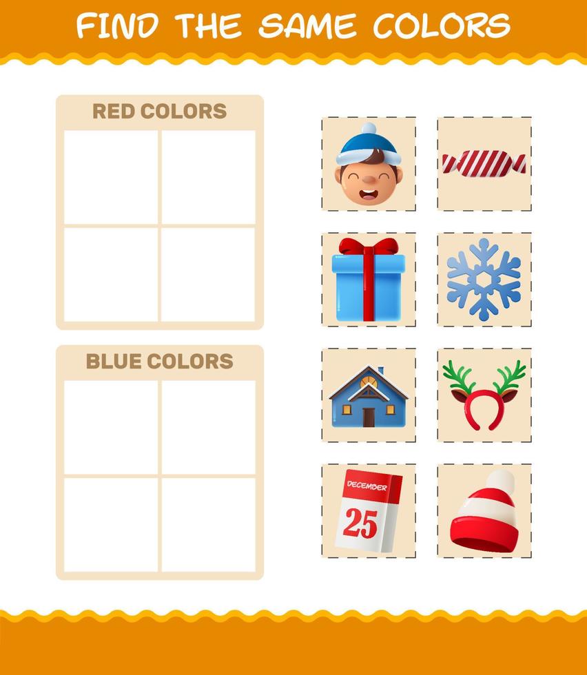 encontrar los mismos colores de navidad. juego de búsqueda y combinación. juego educativo para niños de edad preescolar y niños pequeños vector